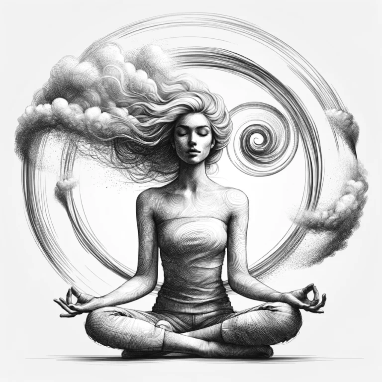 DALL·E 2024-04-24 20.06.47 - A depiction of a woman with a circle of air swirling around her, sitting cross-legged in a meditation pose